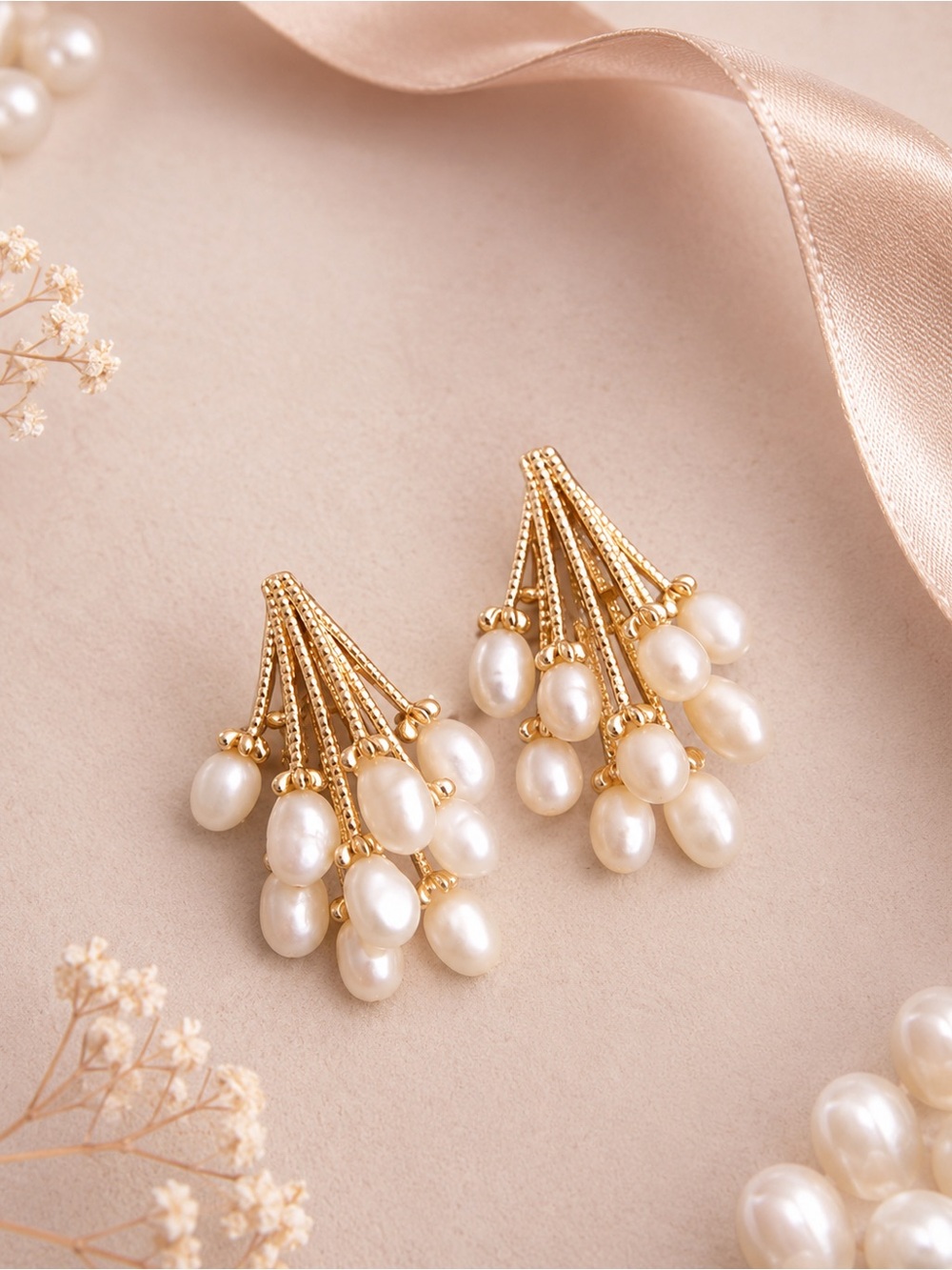 Gold-Tone Pearl Cluster Drop Earrings - White & Gold - Picture 4 of 7